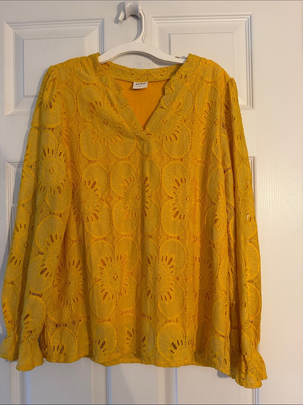 Amazon Yellow Lace Long Sleeve V-Neck Blouse